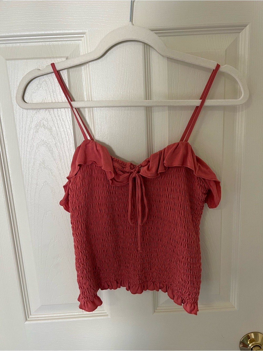 American Eagle Outfitters Coral Smocked Ruffle Tie-Front Crop Too
